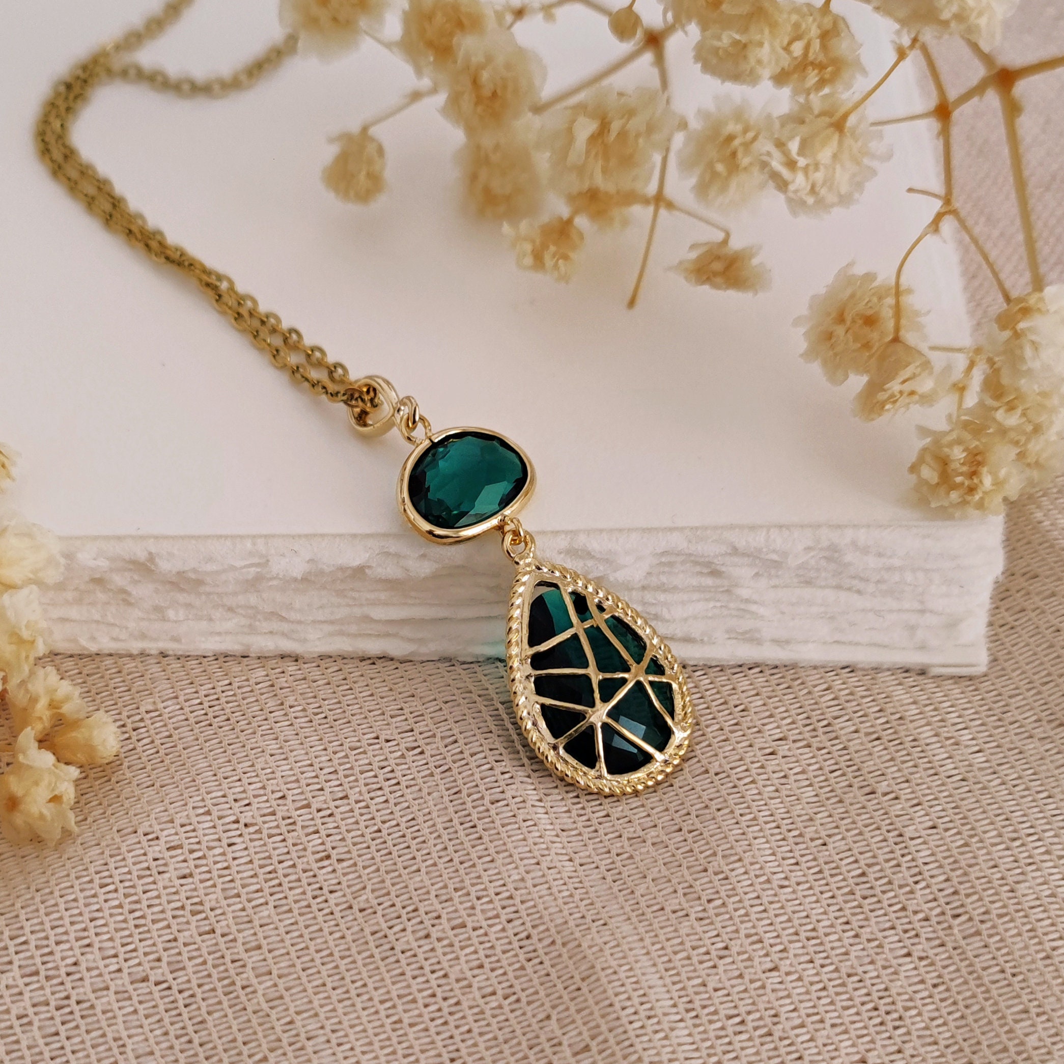 [TATIANA]韓国☆925silver☆Emerald Cut Crystal Mood Necklace Emerald Pendant, 925 Sterling Silver Necklace, Handmade