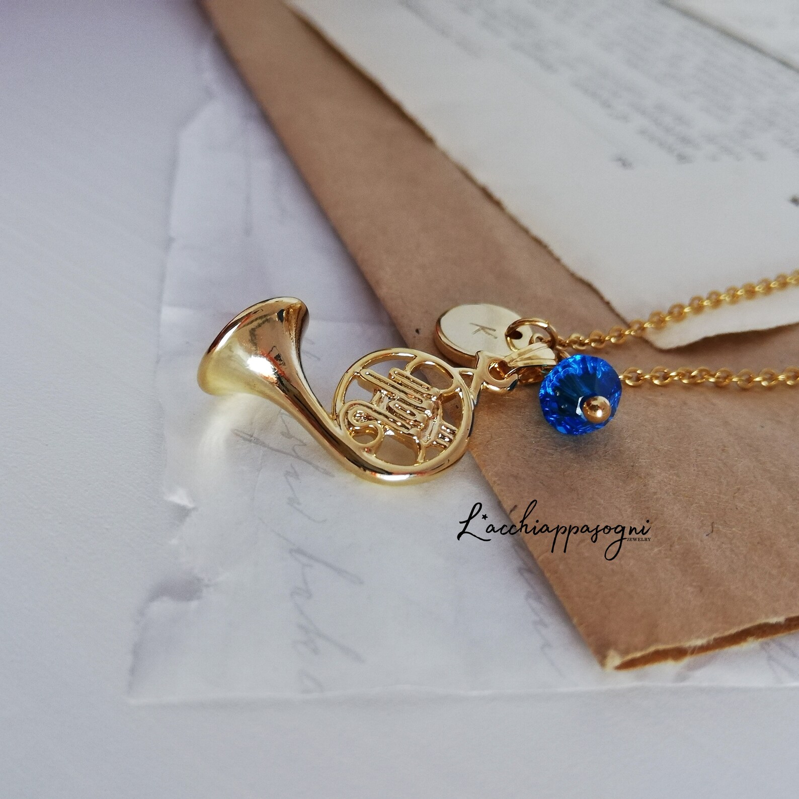 Blue French Horn Necklace With Engraved Initial Etsy