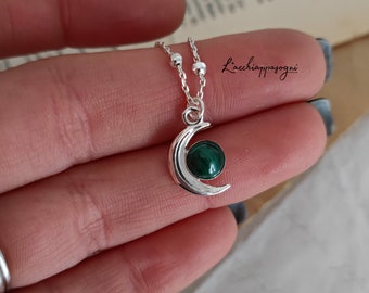 Sterling Silver Moon Necklace: Malachite Witchcore Pendant, version 1