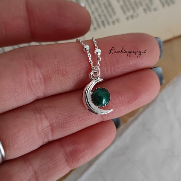 Collana Witchy Moon, Collana di pietra verde ispirata al lupo, Collana Half Moon Witchcore