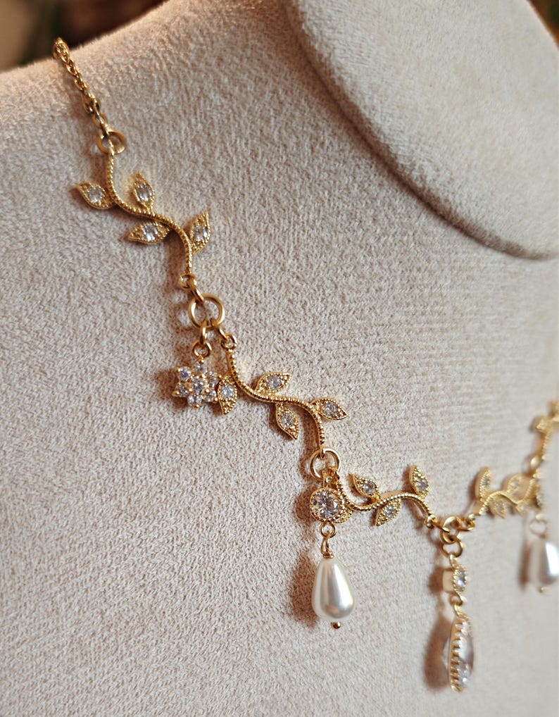 Regency Era Perlen Choker: Cubic Zirkonia Blätter, Bygone Glamour, Gold oder Silber // DIAMANT Bild 10