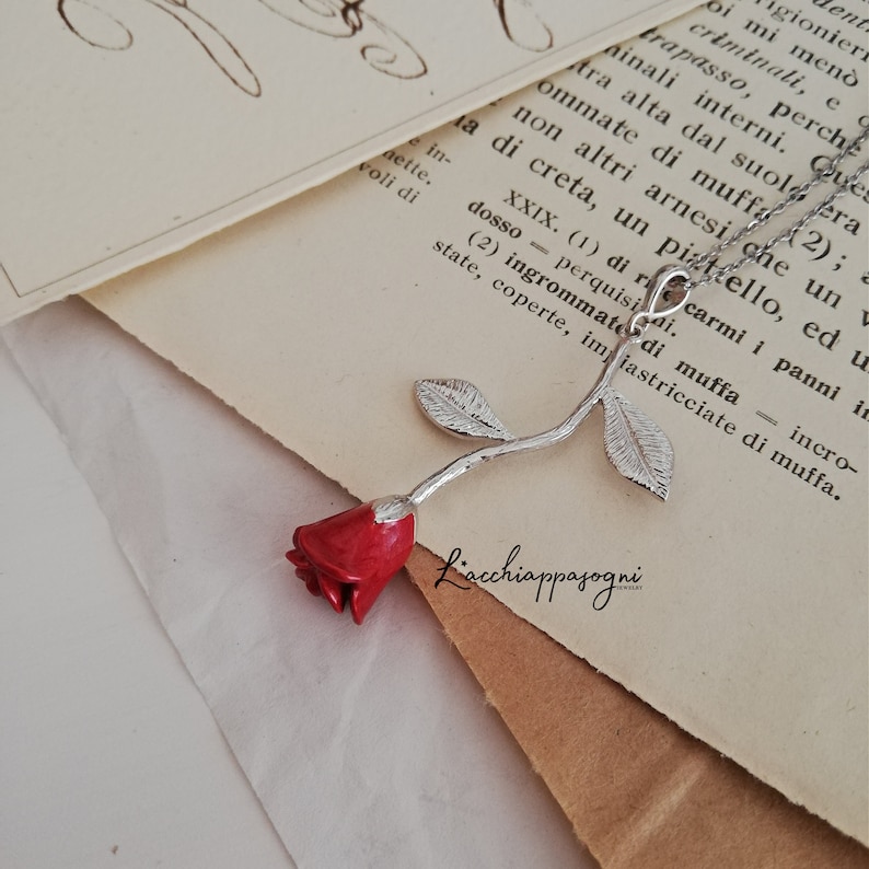 Rose Pendant Necklace, Rose Flower, Enamel Epoxy Red Rose, Gold Plated, Rhodium Plated, Rose Gold Plated Rose Necklace Silver
