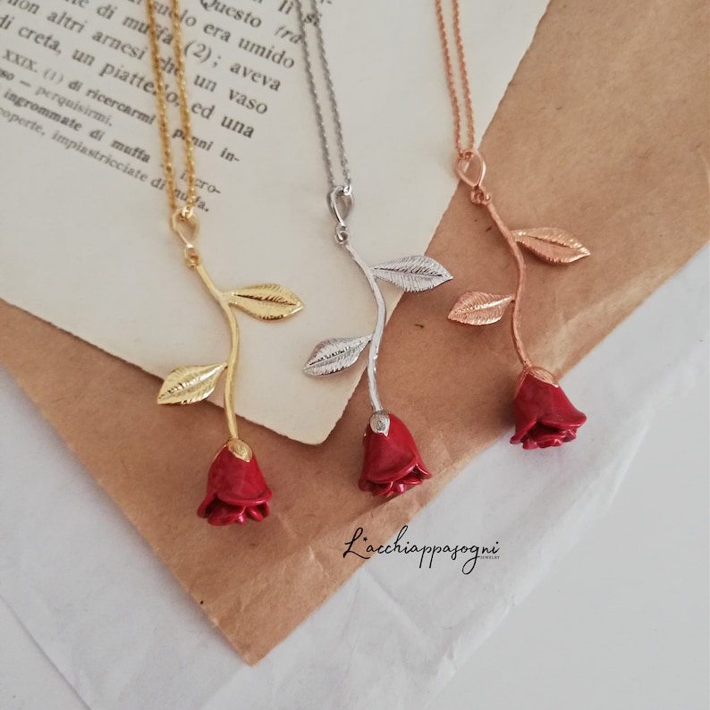 Rose Pendant Necklace, Rose Flower, Enamel Epoxy Red Rose, Gold Plated, Rhodium Plated, Rose Gold Plated Rose Necklace image 8