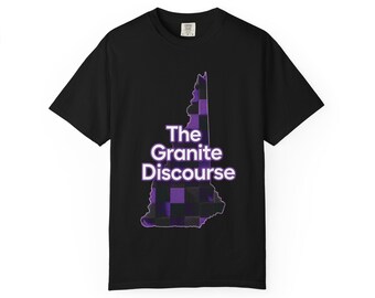 The Granite Discourse New Hampshire Silhouette T-shirt | Purple Checkerboard