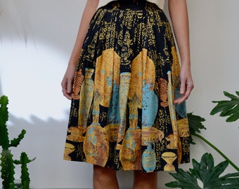 Forties/Fifties Black Pleated Circle Skirt With Ancient Vase Print