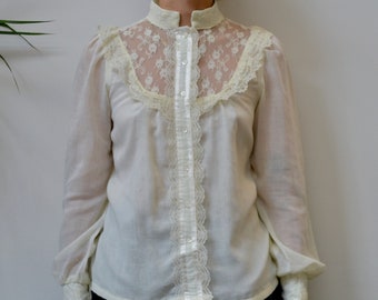 1970s Cream/Light Yellow "Jessica's Gunnies" Gauzy Prairie Blouse