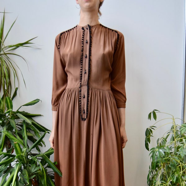 40s/50s Bobble Trim Brown Dress