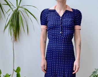 Forties Crepe Rayon Navy Blue and Pink Dress