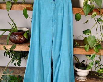 Vintage Seventies Ultra Weites Bein Hoch taillierte Aqua Schnüre