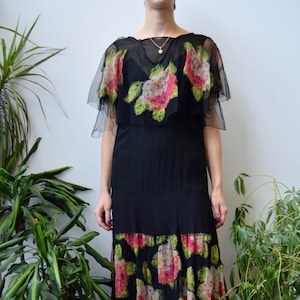 Vintage Stunning 30&#39;s Silk Tulle Floral Applique Dress