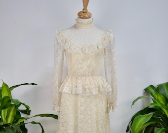 Vintage Seventies Cream Lace Ruffle Wedding Dress