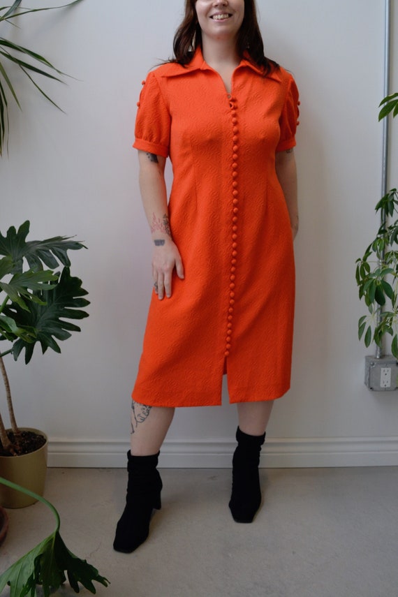 Seventies Bright Orange Textured Shift Dress - image 1