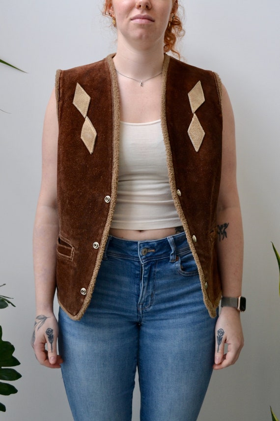 Woodstock Era Brown Fleece Lined Suede Vest - image 2