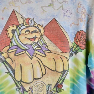 May include: A light-colored t-shirt featuring a colorful graphic of a bear wearing a headdress, pyramids, and skeletons. The bear holds a rose. The shirt has a tie-dye pattern on the sleeve.