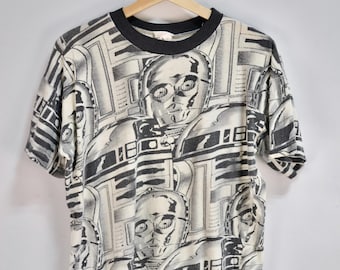 Camiseta vintage rara con estampado integral de C3PO y R2D2 y puntada simple