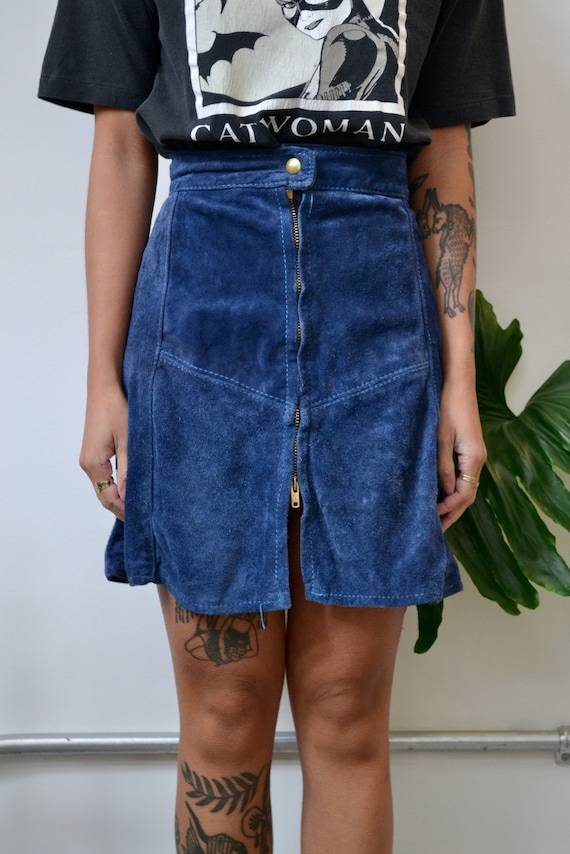 1960s 1970s Blue Suede Mini Skirt