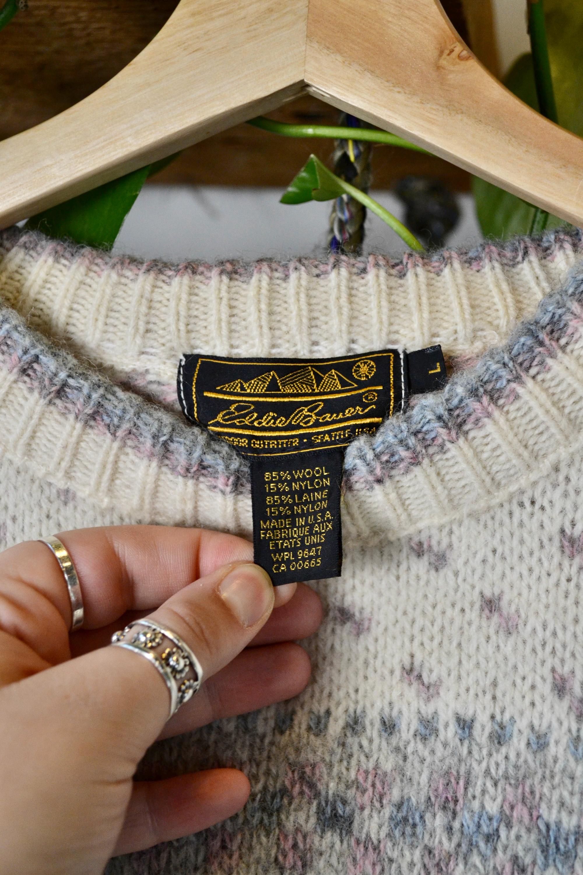 Vintage 90s Black Label Eddie Bauer Cream Knit Pullover Wool