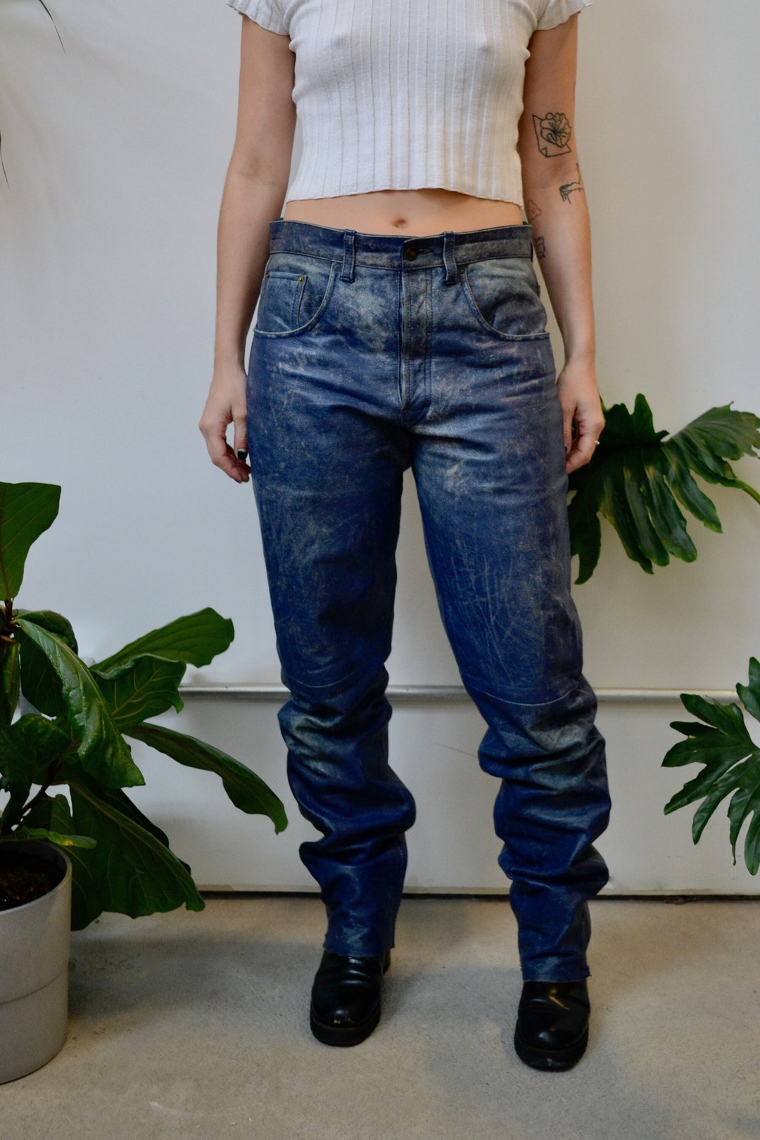 2BU Navy Blue Leather Pants Etsy