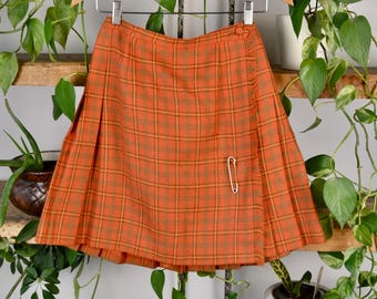 Vintage 70s/80s Orange karierter Wollrock - W64cm