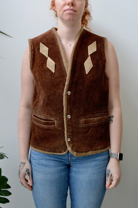 Woodstock Era Brown Fleece Lined Suede Vest - image 1