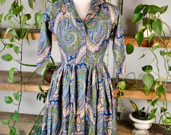 Vintage 50s/60s Blau-Grünes Paisley Knielanges Shirt Kleid