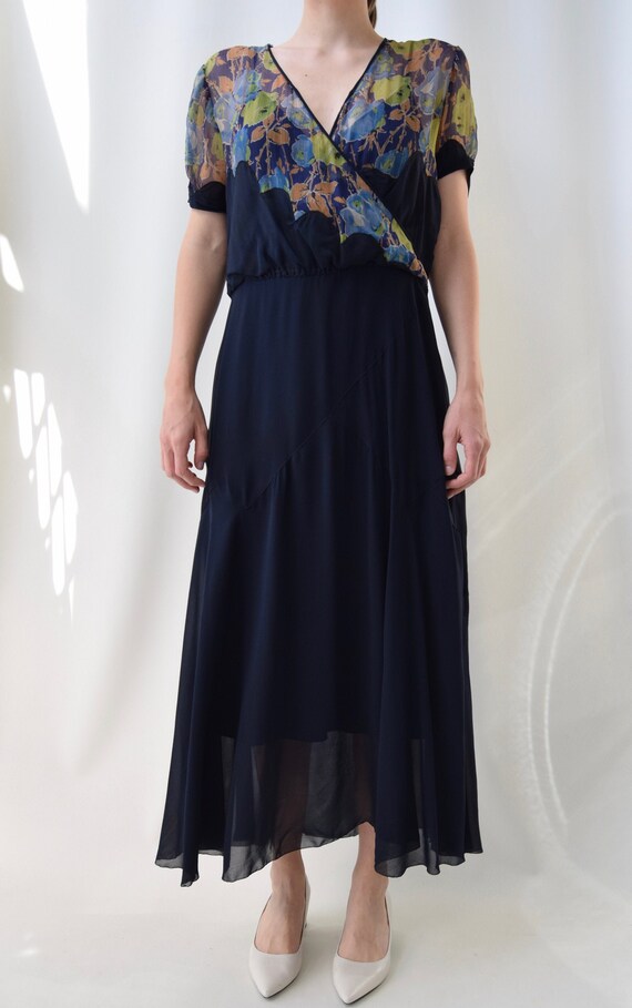 1930's 1940's Navy Silk Dress With Chartreuse and