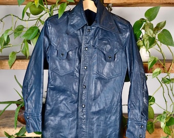 Vintage Snap Up Hütte aus Nappaleder in Marine Blau, Größe 34
