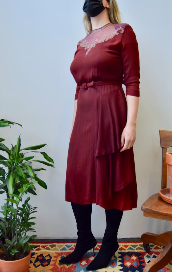 Vintage 1940's Maroon Beaded Crepe Rayon Dress
