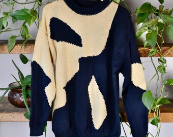 Vintage 90er Jahre Esprit Navy Blau und Creme Yin Yang Strickjacke