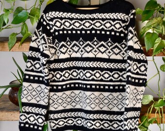 Vintage 00er Jahre Schwarz Weiß Gemusterter Eddie Bauer Strick Pullover