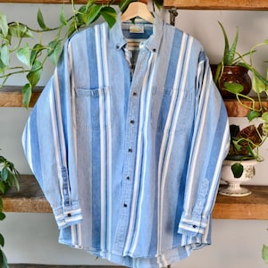 Camisa vintage de algodón a rayas blancas y azules de los años noventa con botones