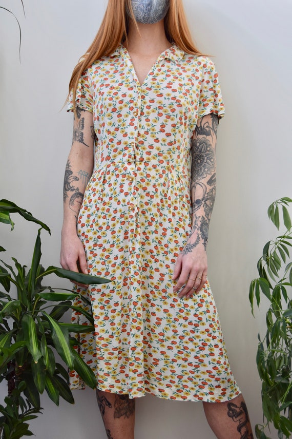 Vintage 1940's Peach Floral Print Novelty Dress