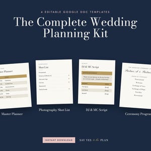 Pacchetto per l'organizzazione di matrimoni in nero e avorio con lista delle inquadrature, copione per il DJ e programma (Google Docs)