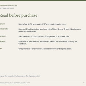 May include: A digital document titled Workbook Collection Software and Scope with the heading Read before purchase. It lists specifications including macro-free XLSX workbooks, PDF formats, software compatibility, capacity for 100 products, and usage terms.