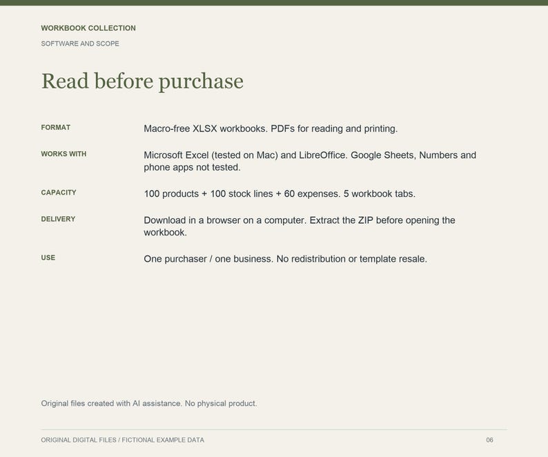 May include: A digital document titled Workbook Collection Software and Scope with the heading Read before purchase. It lists specifications including macro-free XLSX workbooks, PDF formats, software compatibility, capacity for 100 products, and usage terms.