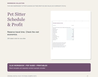 May include: A digital workbook collection titled Pet Sitter Schedule & Profit, featuring a spreadsheet template for tracking 250 dated visits, travel time, and economics. Includes an XLSX workbook, PDF guide, and printables for pet sitters.