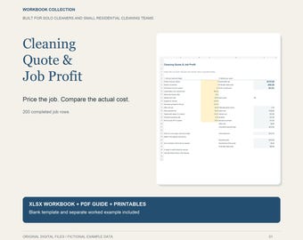 May include: A digital workbook collection titled Cleaning Quote & Job Profit for residential cleaners. Includes a spreadsheet template with 200 job rows, a PDF guide, and printables. The layout features dark blue text on a light background.