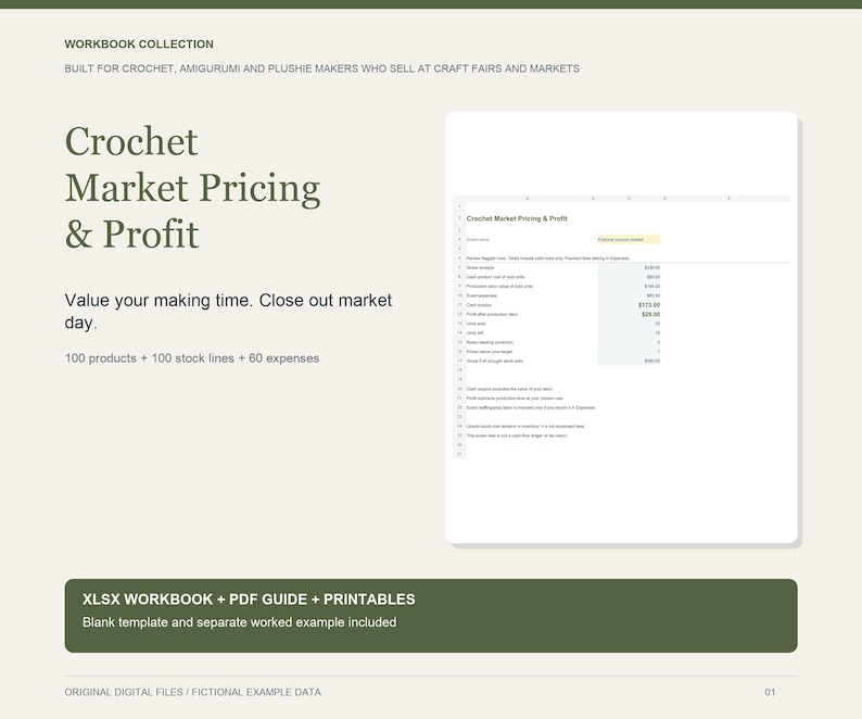May include: A digital workbook collection for crochet, amigurumi, and plushie makers. The document features the text Crochet Market Pricing & Profit, 100 products, 100 stock lines, 60 expenses, and includes an XLSX workbook, PDF guide, and printables.