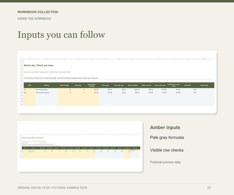 May include: A digital workbook page titled Workbook Collection, Inside the Workbook, Inputs you can follow. It displays two spreadsheet tables with columns for SKU, product, units, and costs, featuring amber and pale gray cells with fictional data.