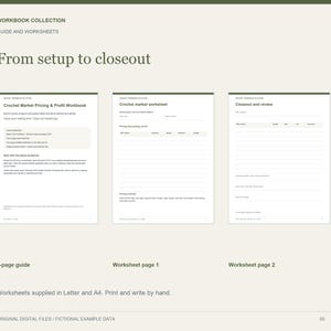 May include: A workbook collection guide and worksheets titled From setup to closeout. The document includes a Crochet Market Pricing & Profit Workbook, a crochet market worksheet, and a closeout and review page. The pages are white with black text.