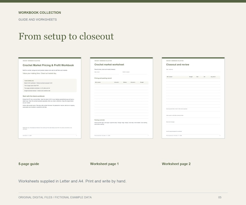 May include: A workbook collection guide and worksheets titled From setup to closeout. The document includes a Crochet Market Pricing & Profit Workbook, a crochet market worksheet, and a closeout and review page. The pages are white with black text.