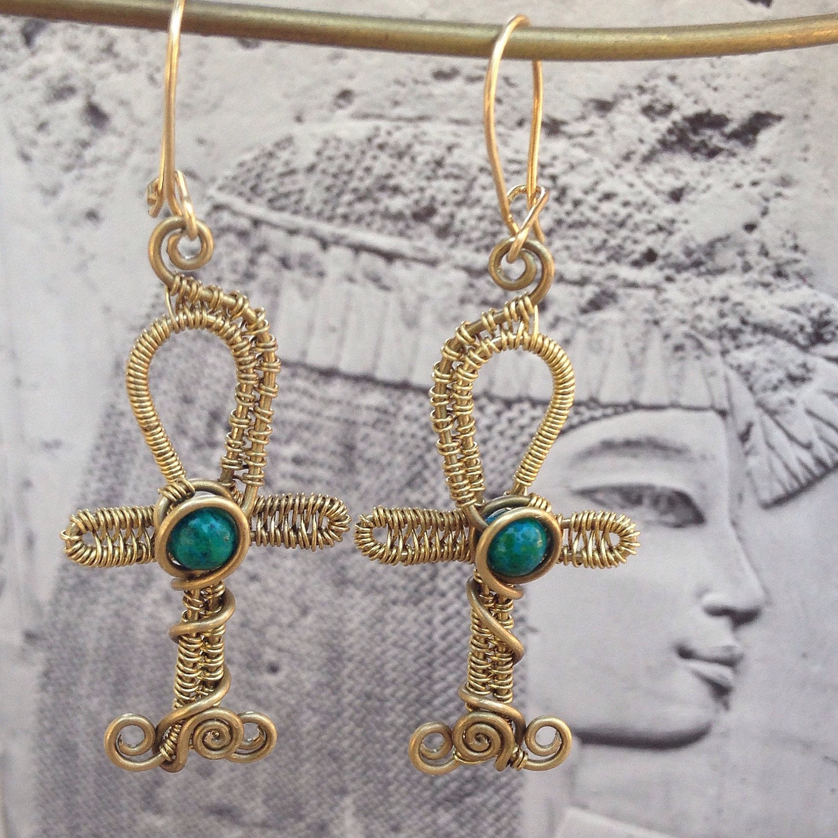 Egyptian ankh earrings wire wrapped egyptian earrings brass Etsy