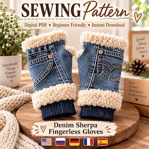 May include: A pair of fingerless gloves crafted from blue denim fabric, featuring a cream-colored sherpa fleece trim at the top and bottom edges, and a dark blue ribbed knit cuff. The gloves include a small pocket detail with a metal rivet.