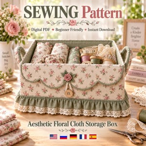 May include: A rectangular fabric storage box with a cream base and a pink floral pattern. The box features a scalloped top edge, a central fabric rose, a wooden button closure, and a sage green ruffled trim with white lace edging.