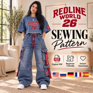 May include: A digital sewing pattern for a two-piece denim outfit featuring a cropped short-sleeve top and wide-leg cargo pants. The top and pants display the text REDLINE WORLD 26 in red. The pants include multiple pockets, red straps, and a silver chain.