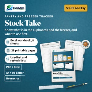 May include: A digital pantry and freezer tracker titled Stock Take, featuring an Excel workbook with 8 sheets, 28 printable pages, use-first and restock lists, available in PDF and Excel formats for A4 and US Letter sizes with no macros.