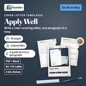 Peut inclure: Un ensemble de modèles de lettre de motivation intitulé Apply Well, comprenant 42 pages, 6 fichiers Word et un guide. Formats PDF et Word en A4 et US Letter avec 3 choix d'encre. L'image montre des pages de documents, une règle et un stylo.