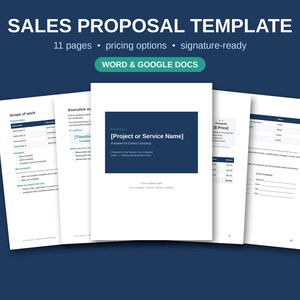 May include: A sales proposal template document featuring 11 pages, pricing options, and signature-ready sections. The text includes "SALES PROPOSAL TEMPLATE", "WORD & GOOGLE DOCS", "Scope of work", "Executive summary", and "[Project or Service Name]".