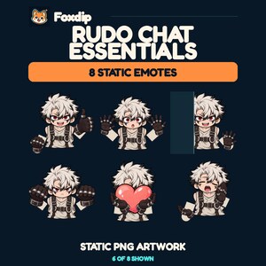 May include: A digital collection titled Rudo Chat Essentials featuring 8 static emotes of an anime-style character with spiky white hair, red eyes, and dark gloves. The character is shown in various poses including giving a thumbs up, waving, peeking, flexing, holding a red heart, and laughing. The text reads Rudo Chat Essentials, 8 Static Emotes, and Static PNG Artwork.