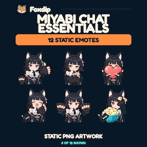 May include: A digital collection of 12 static emotes titled Miyabi Chat Essentials, featuring a black-haired anime character with cat ears in various poses including giving a thumbs up, holding a heart, and eating popcorn from a blue bowl.